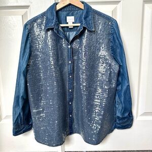 Chico’s Tanitha blue denim sequin shirt